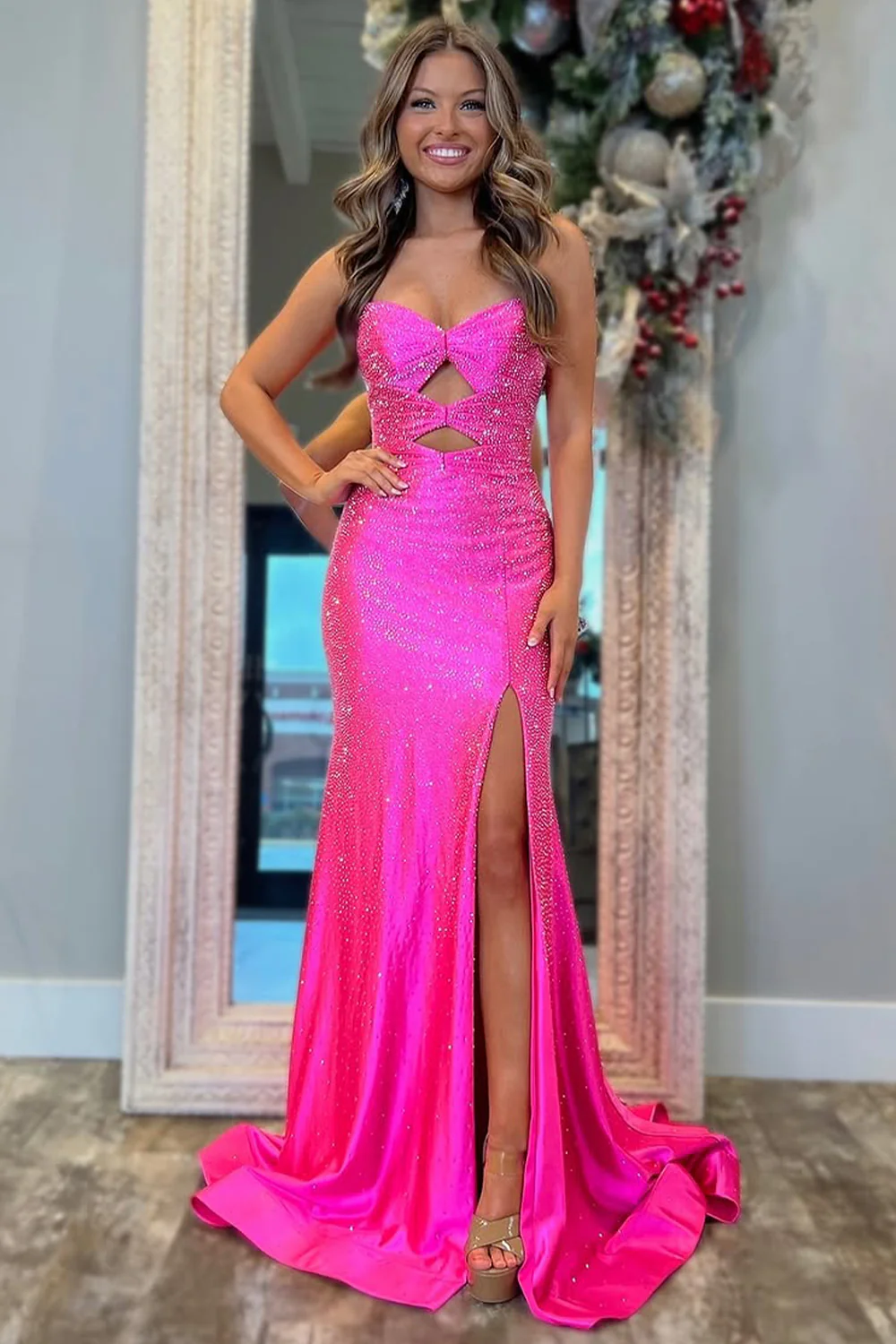 Cute Hot Pink Mermaid Strapless Long Beaded Prom Dress with Slit