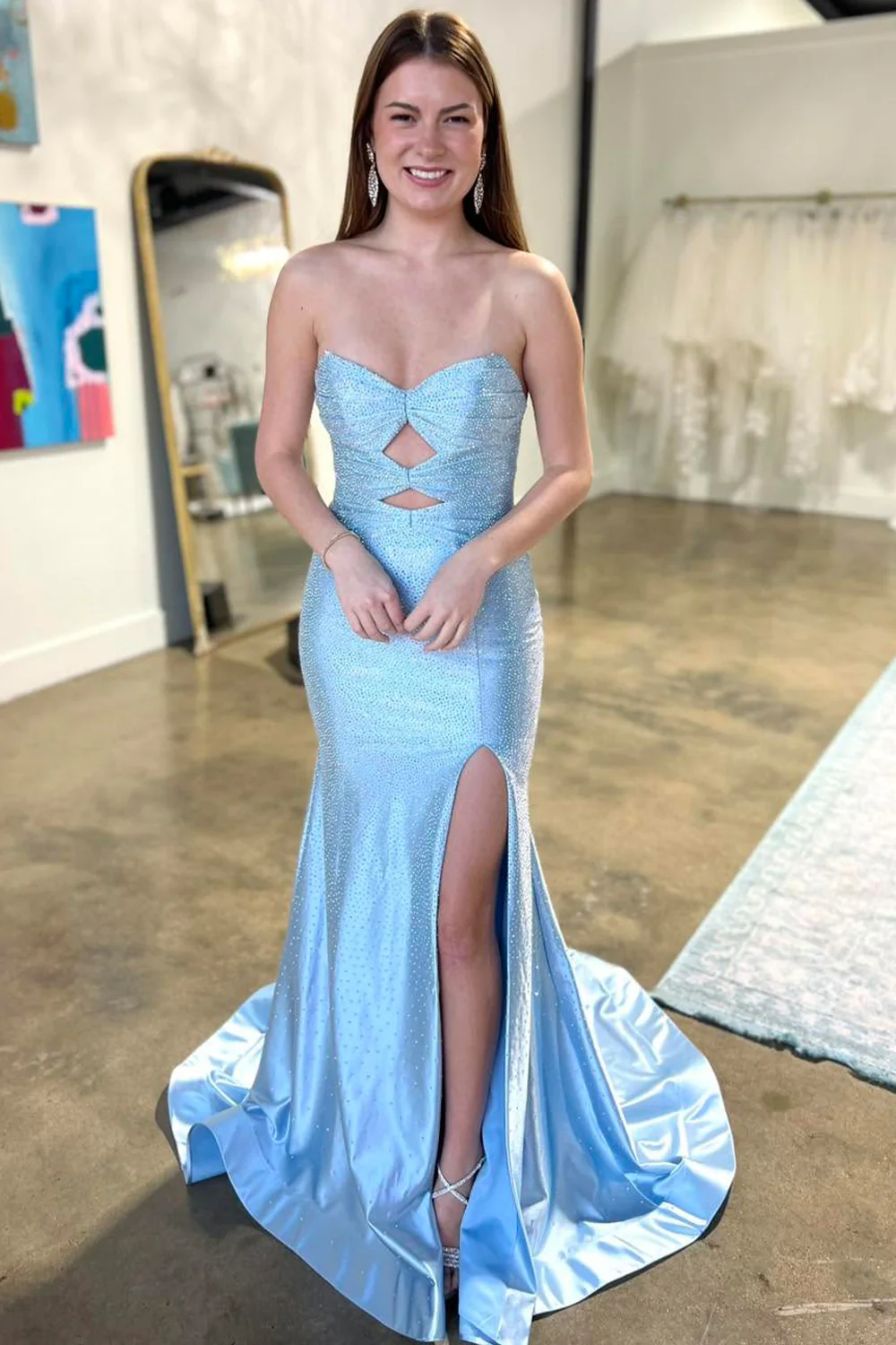 Cute Hot Pink Mermaid Strapless Long Beaded Prom Dress with Slit