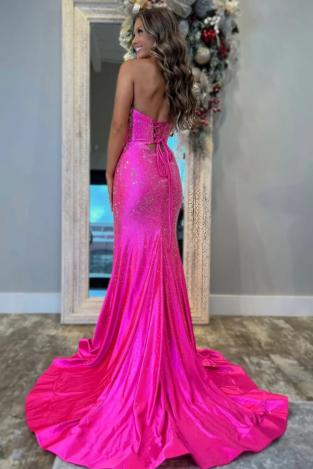 Cute Hot Pink Mermaid Strapless Long Beaded Prom Dress with Slit