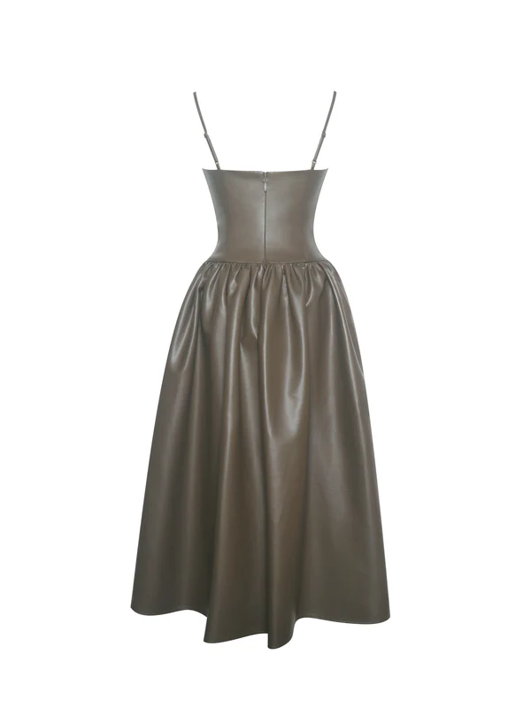 Parisia Cocoa Vegan Leather Drop Waist Maxi Dress