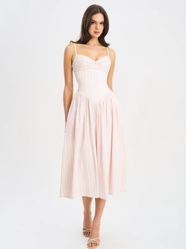 Zania Pink Stripe Ruched Breast Cotton Jacquard Midi Dress