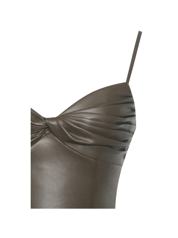 Parisia Cocoa Vegan Leather Drop Waist Maxi Dress