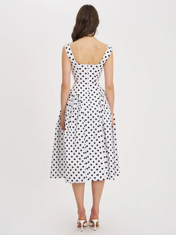 Rahma Polka Dot Drop Waist Midi Cotton Poplin Dress