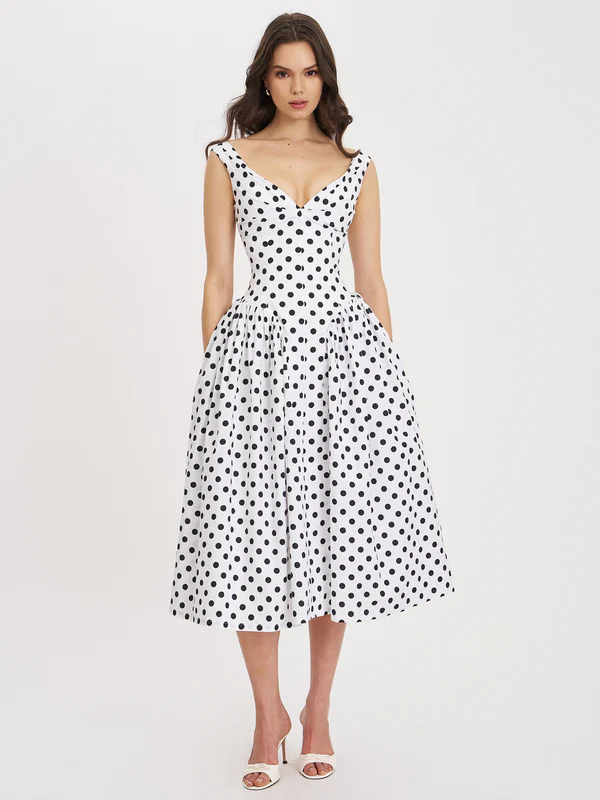Rahma Polka Dot Drop Waist Midi Cotton Poplin Dress
