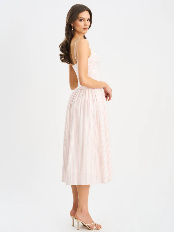 Zania Pink Stripe Ruched Breast Cotton Jacquard Midi Dress