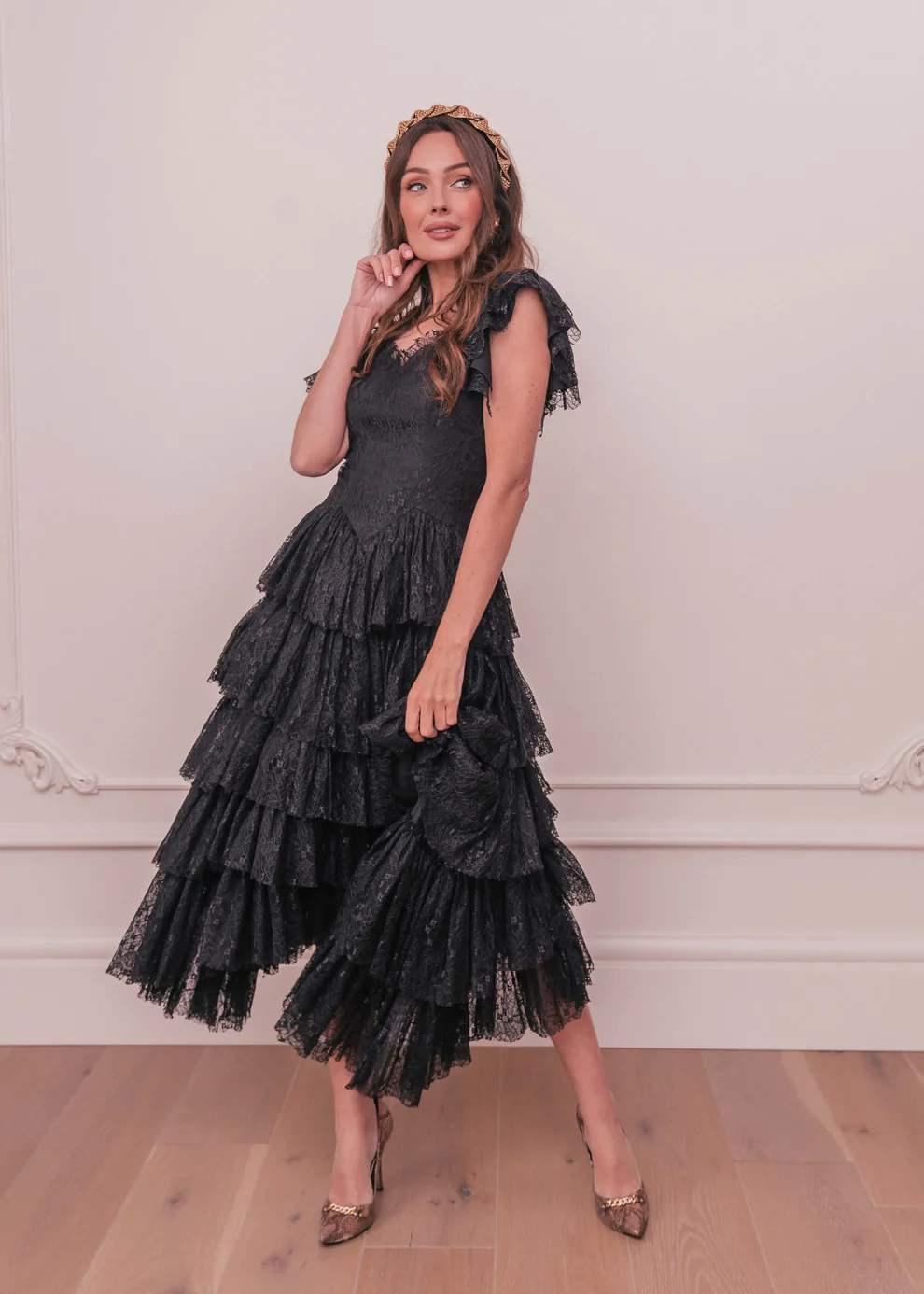 Romantic Ruffle Tiered Lace Midi Dress – Burgundy / Apricot / Black