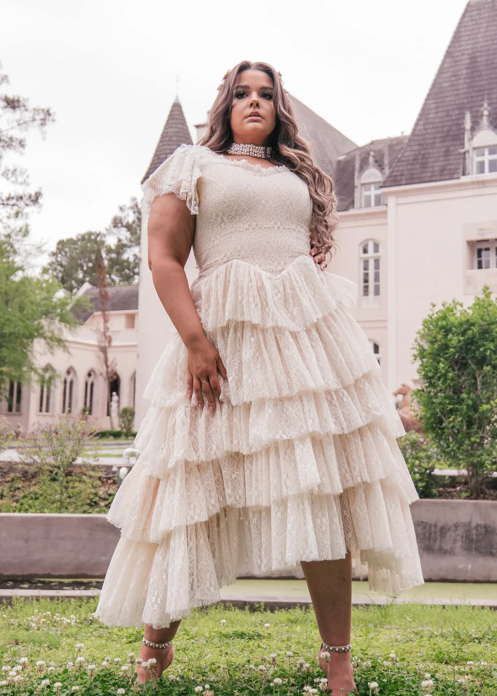 Romantic Ruffle Tiered Lace Midi Dress – Burgundy / Apricot / Black