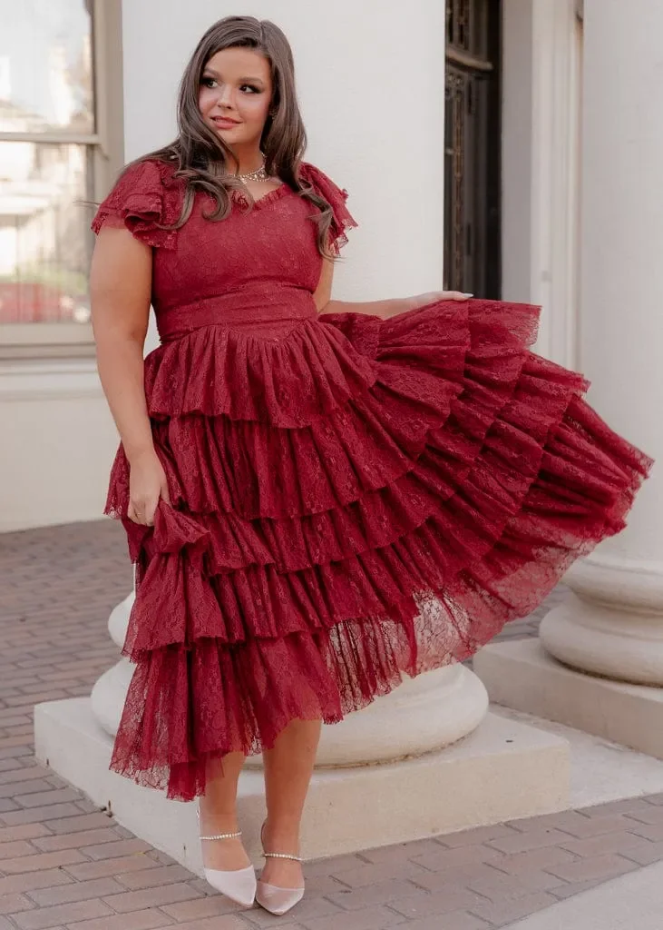 Romantic Ruffle Tiered Lace Midi Dress – Burgundy / Apricot / Black