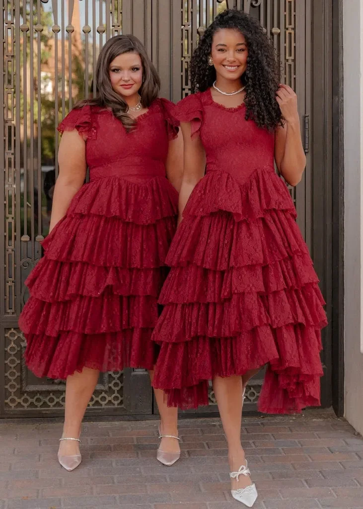 Romantic Ruffle Tiered Lace Midi Dress – Burgundy / Apricot / Black