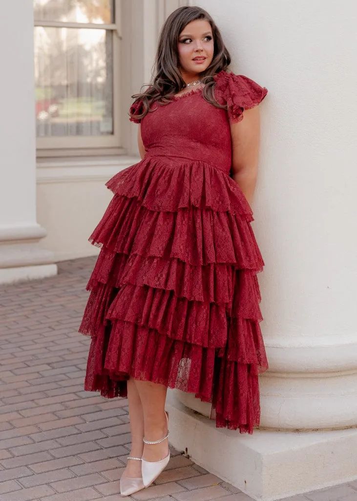 Romantic Ruffle Tiered Lace Midi Dress – Burgundy / Apricot / Black