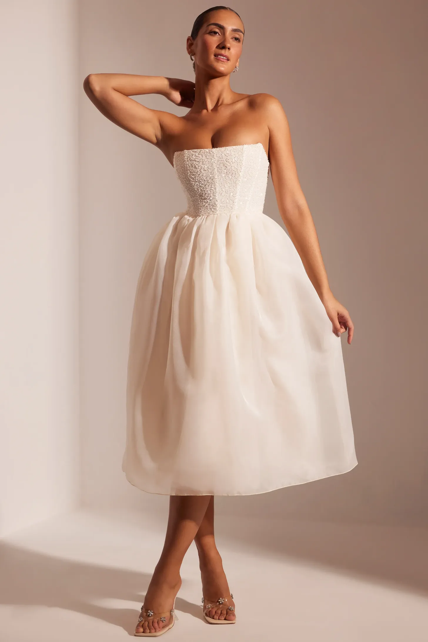 Embellished Corset Tulle Skirt Midi Dress in Blush