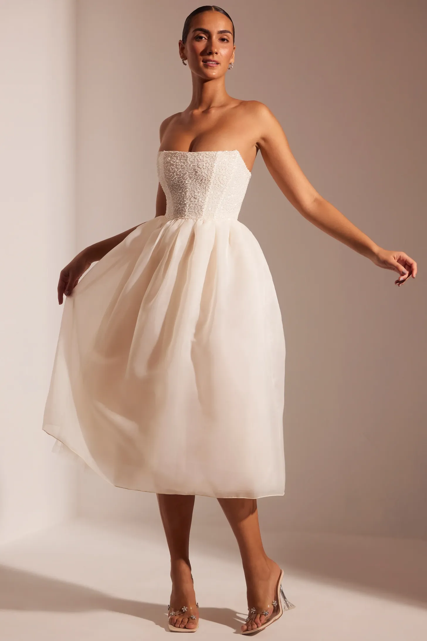Embellished Corset Tulle Skirt Midi Dress in Blush