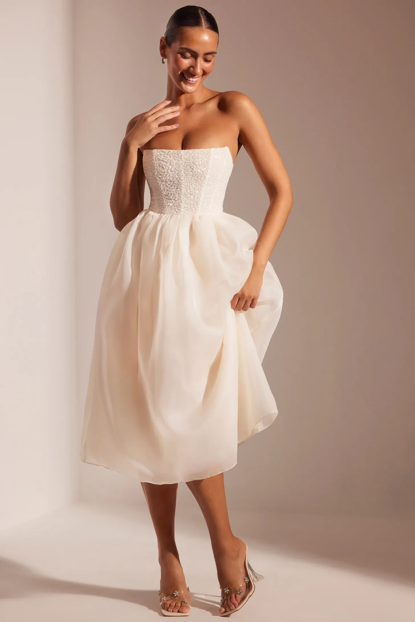 Embellished Corset Tulle Skirt Midi Dress in Blush