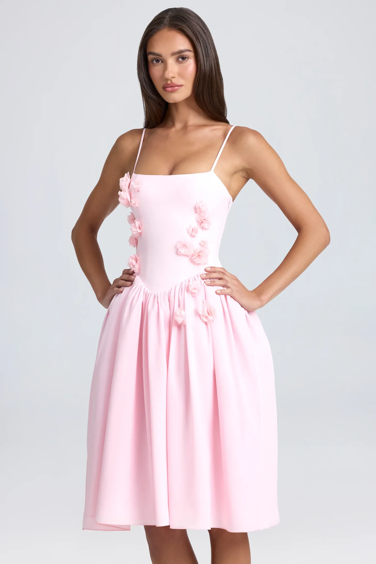 Floral-Appliqué Midi Dress in Ivory