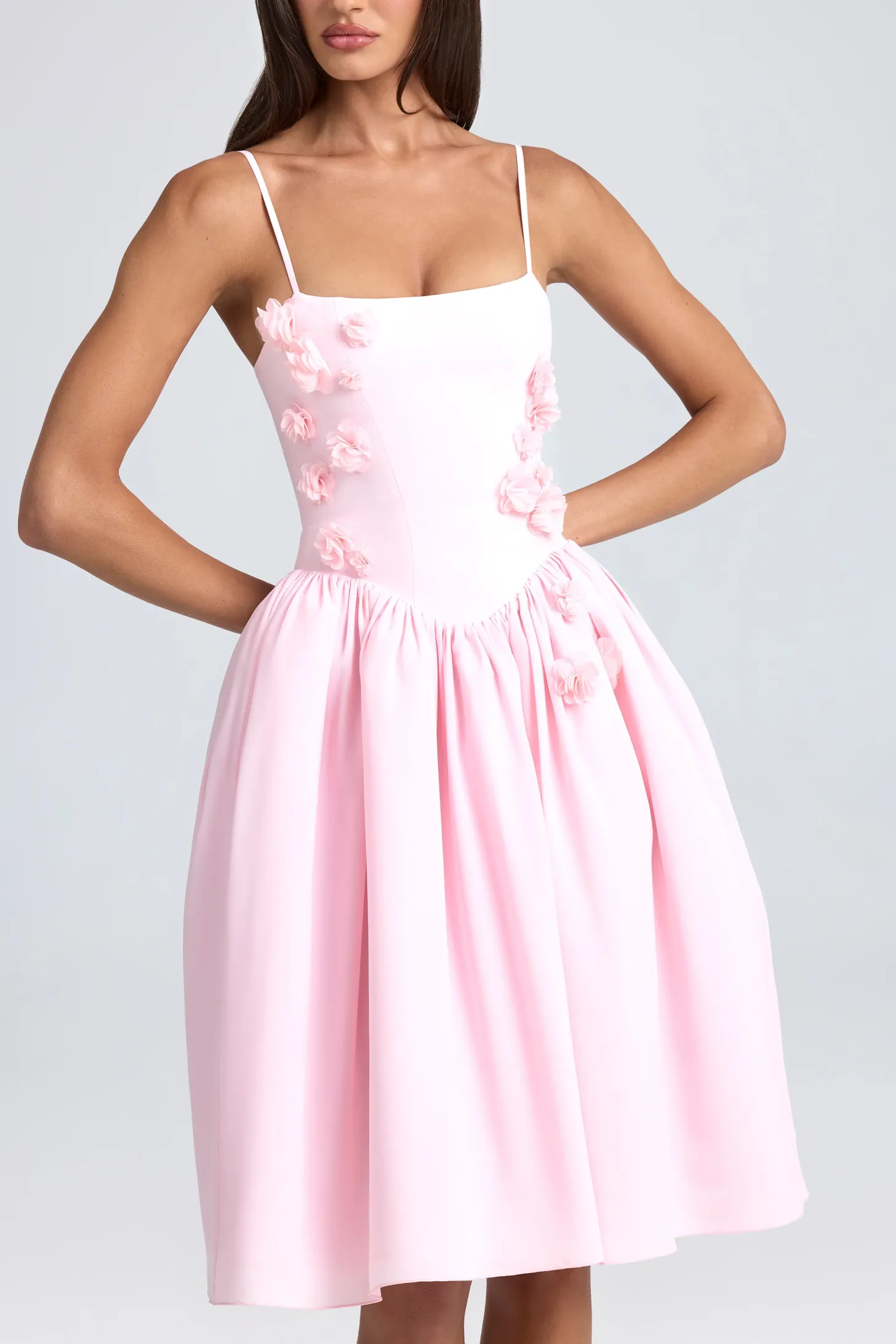 Floral-Appliqué Midi Dress in Ivory