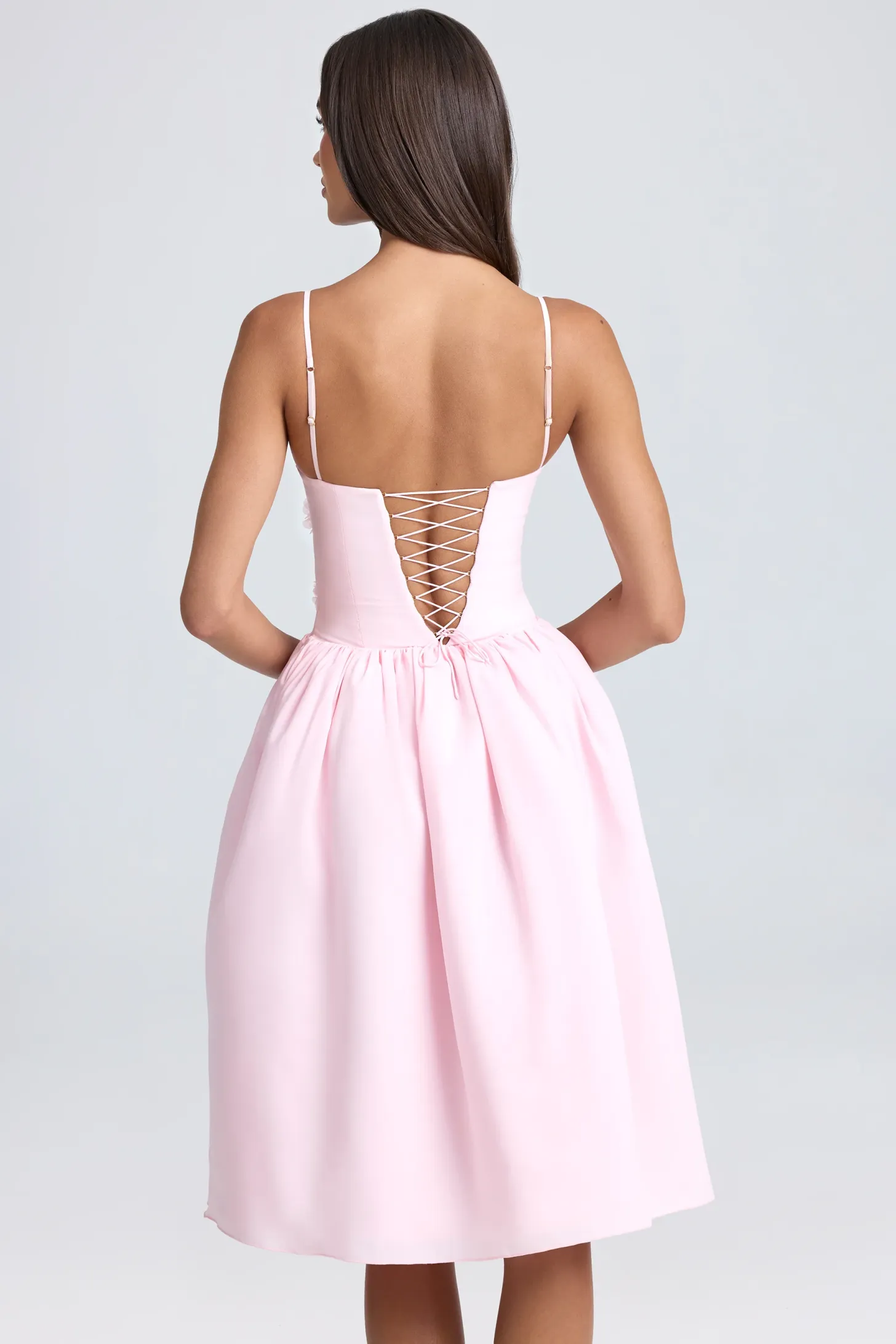 Floral-Appliqué Midi Dress in Ivory