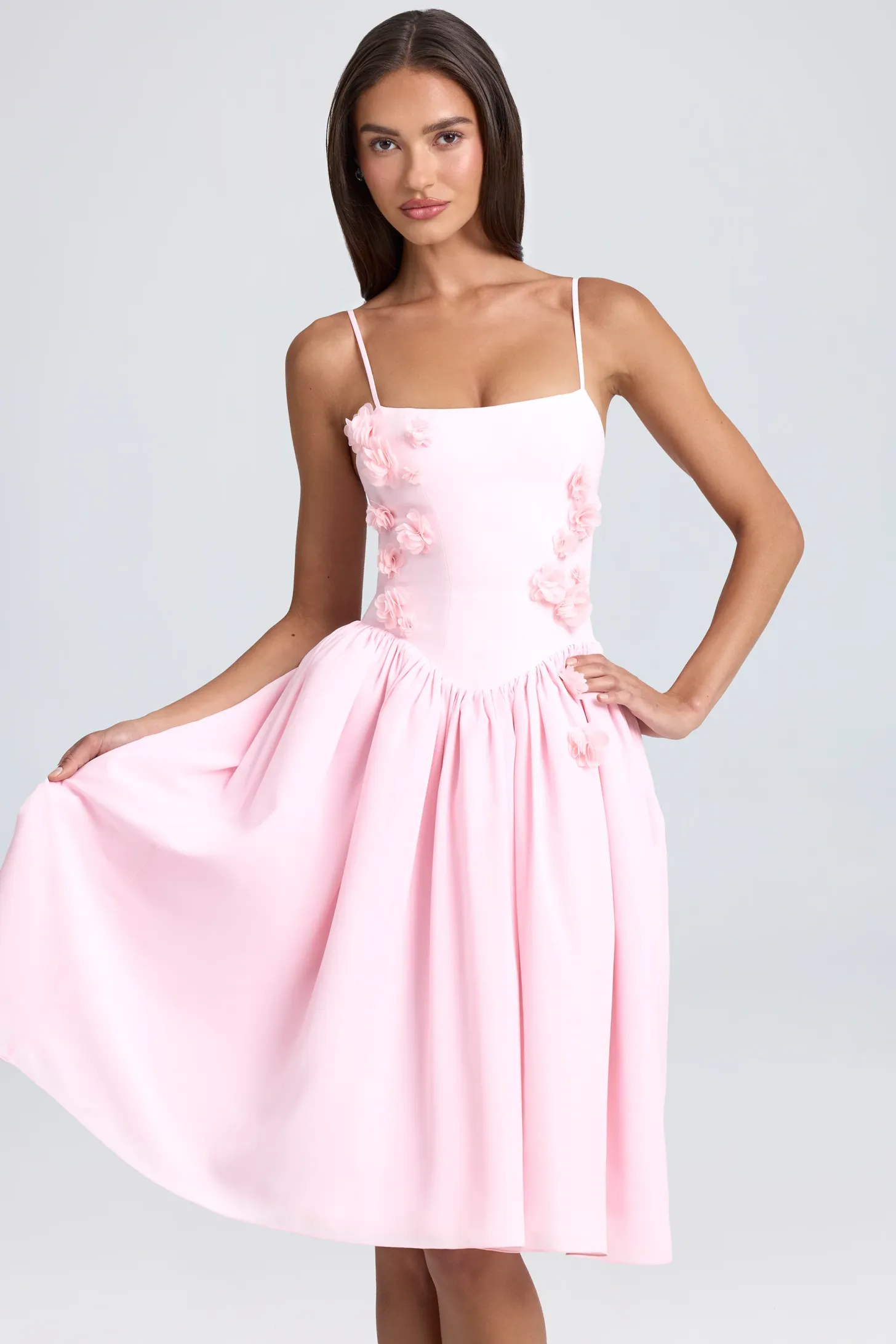 Floral-Appliqué Midi Dress in Ivory
