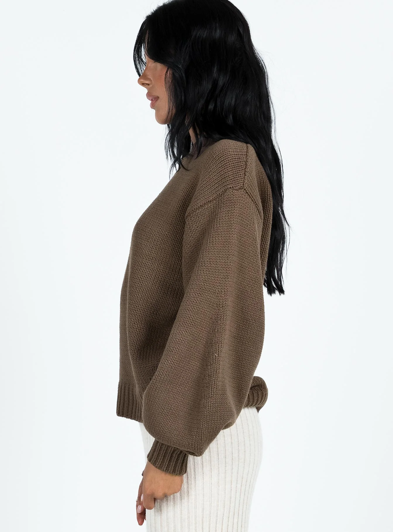 Harmony Balloon Sleeve Knit Sweater – Chic Dark Brown Cozy Pullover