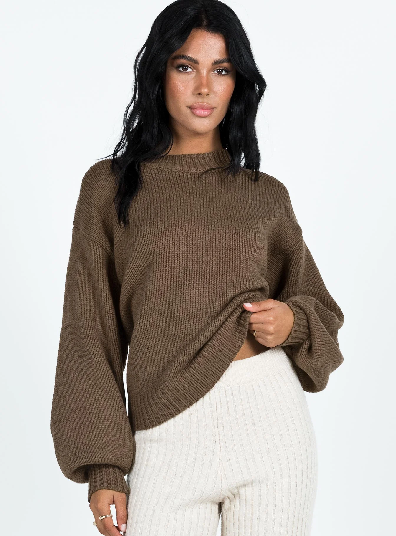 Harmony Balloon Sleeve Knit Sweater – Chic Dark Brown Cozy Pullover
