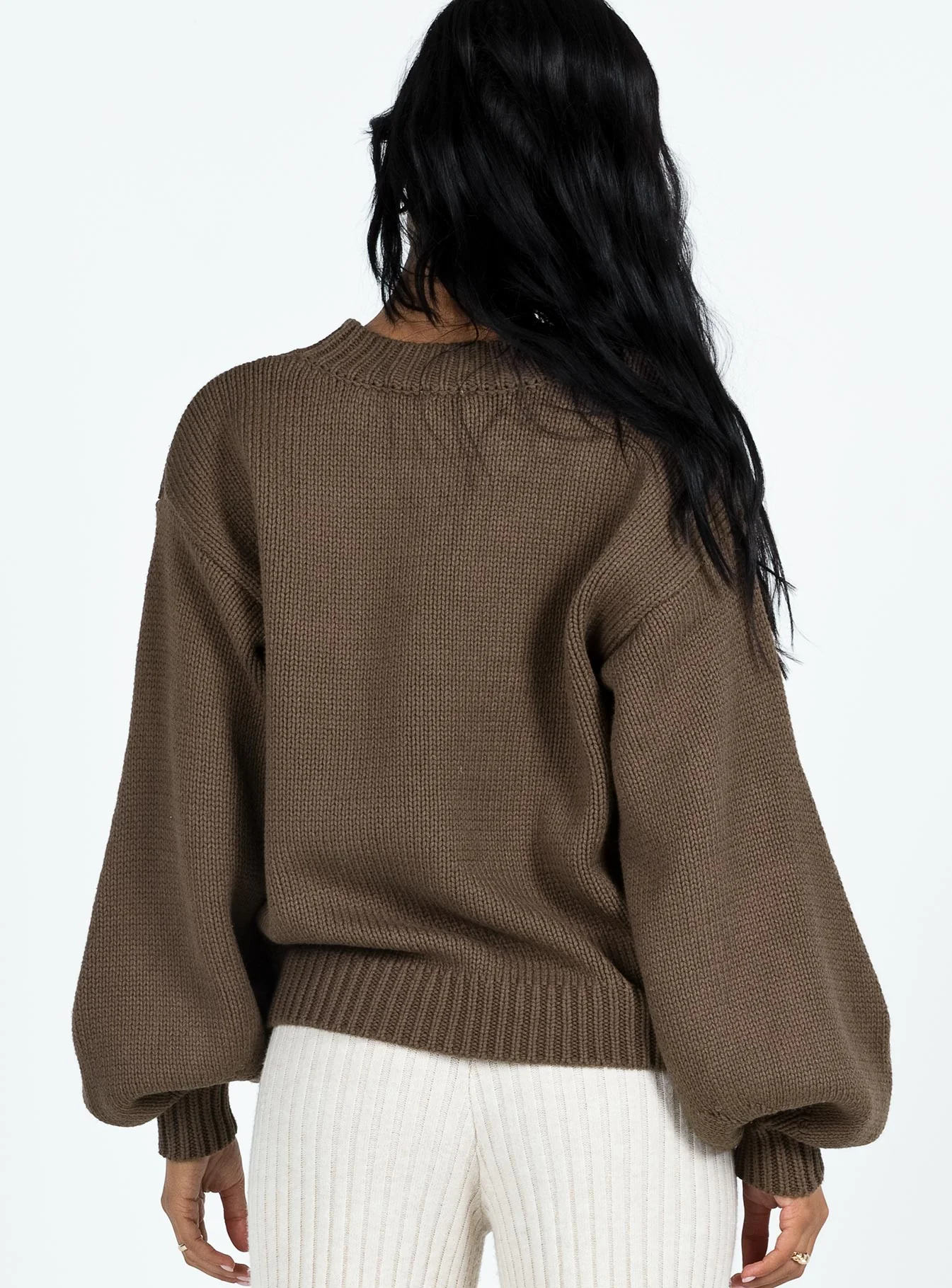 Harmony Balloon Sleeve Knit Sweater – Chic Dark Brown Cozy Pullover