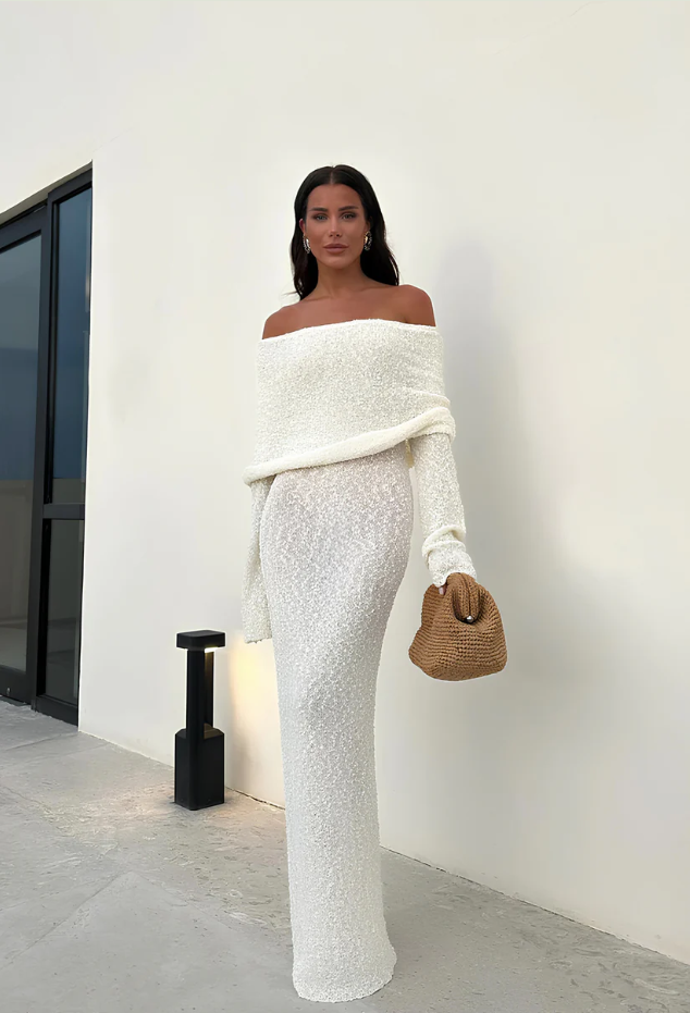 Off-Shoulder Ribbed Bouclé Maxi Dress with Flared Sleeves