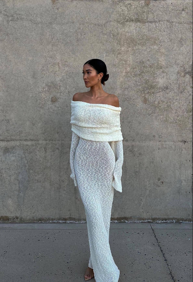 Off-Shoulder Ribbed Bouclé Maxi Dress with Flared Sleeves