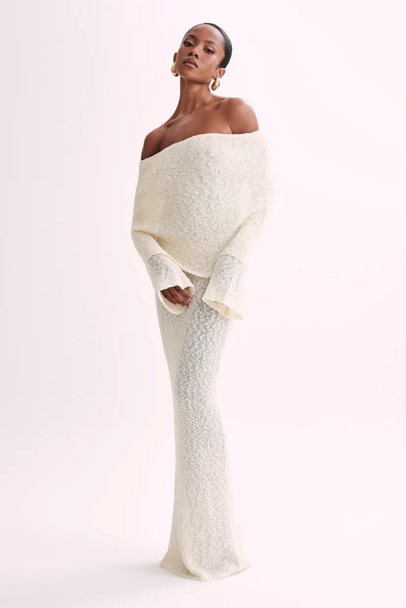 Off-Shoulder Ribbed Bouclé Maxi Dress with Flared Sleeves