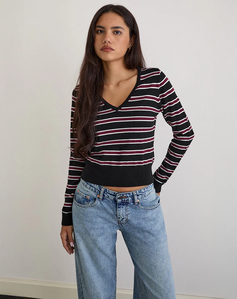 Yasra Jumper in Stripe Knit Black Burgundy