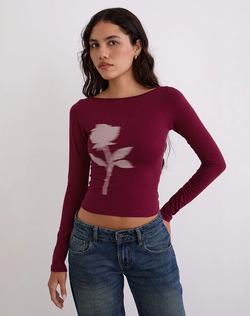 Amabon Long Sleeve Top in Burgundy Blurred Rose