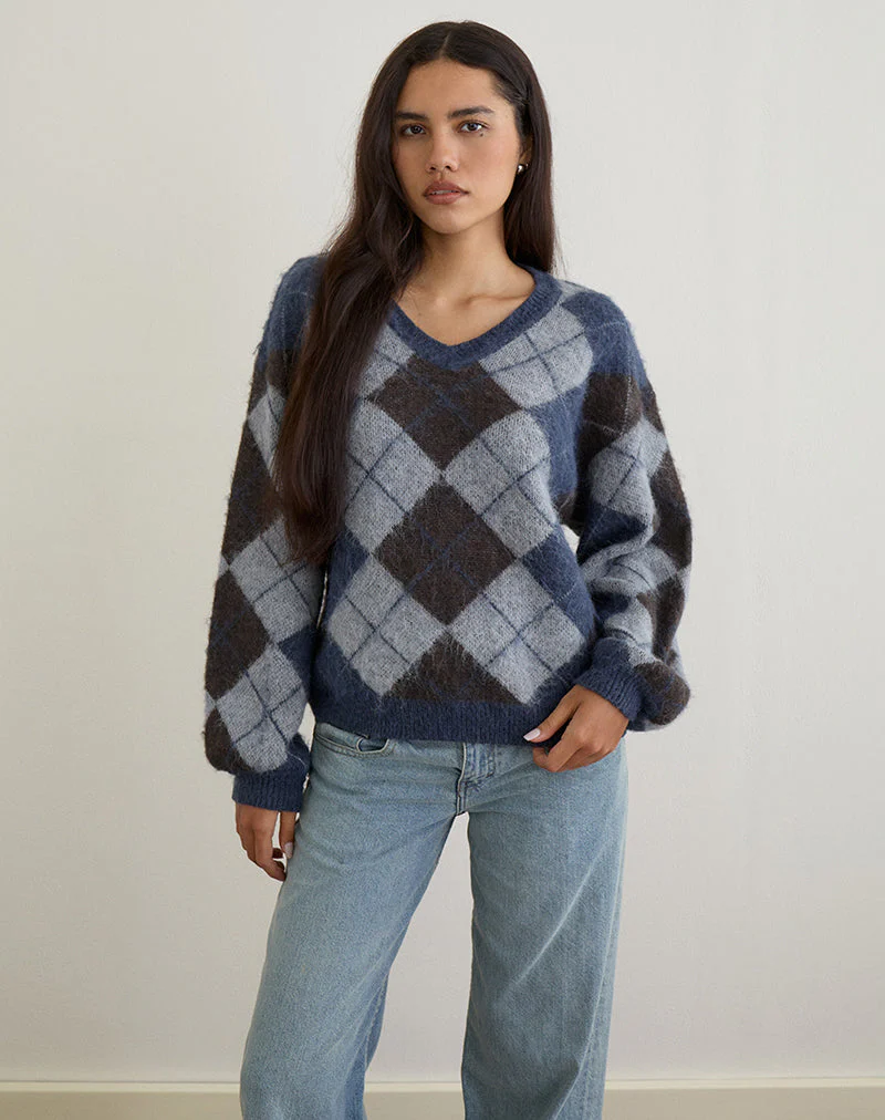 Louna Jumper in Knit Argyle Check Navy
