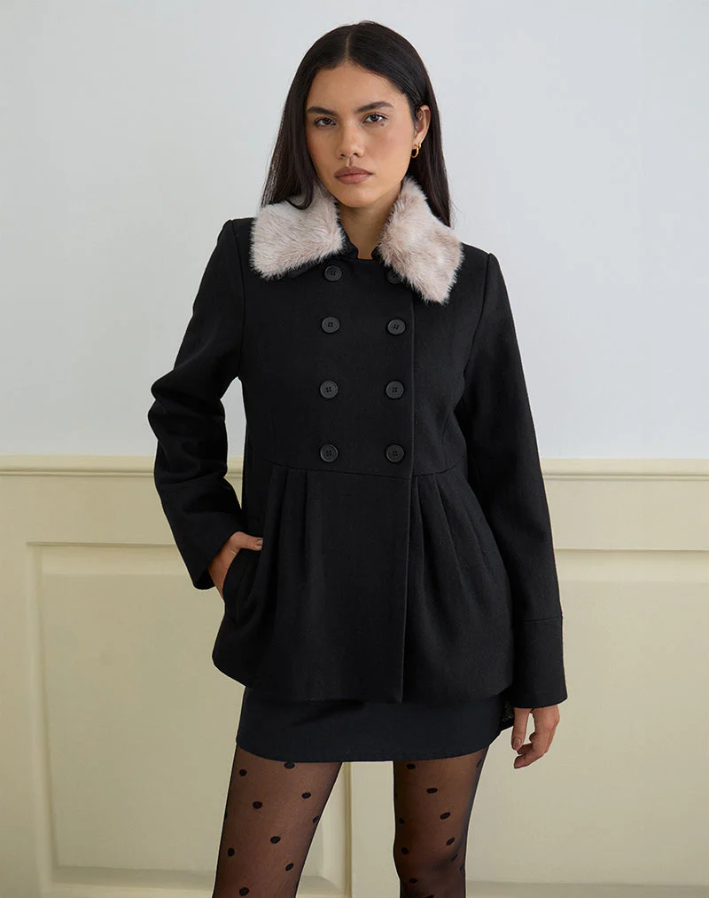 Arsil Double Breasted Coat in Black Wool