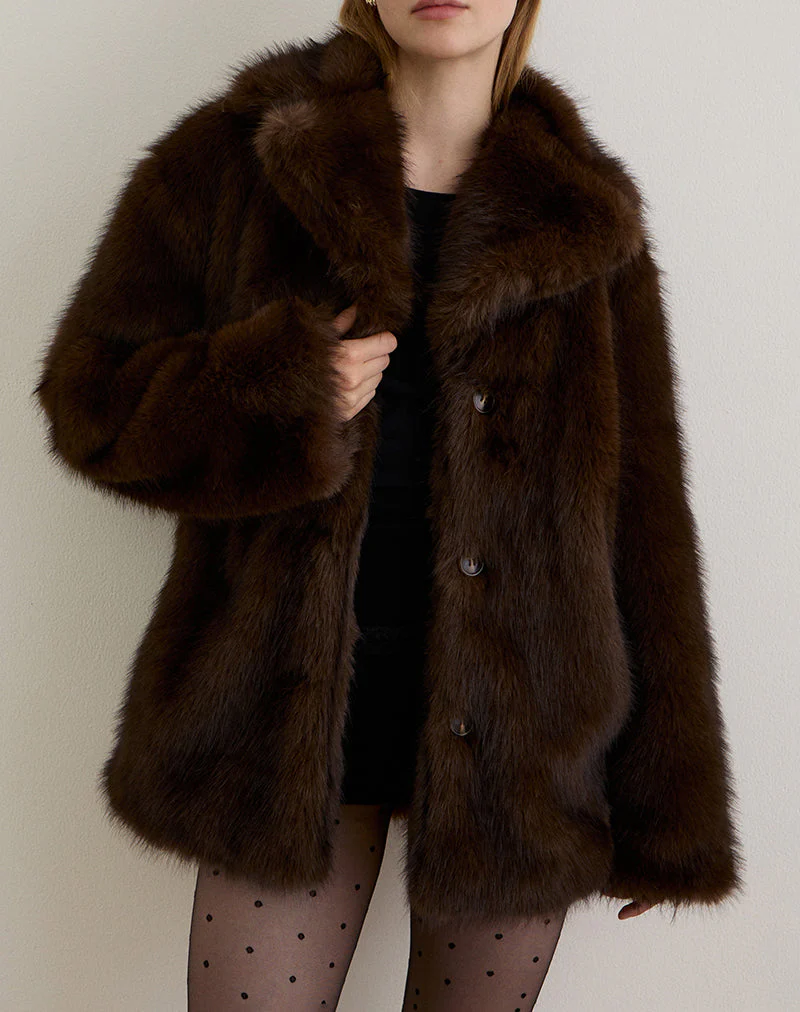 Pepita Jacket in Faux Fur Dark Brown