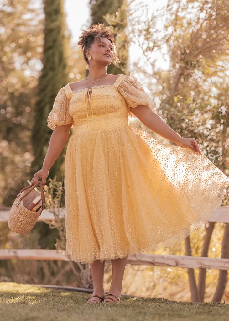 Everbloom Puff Sleeve Midi Dress in Yellow