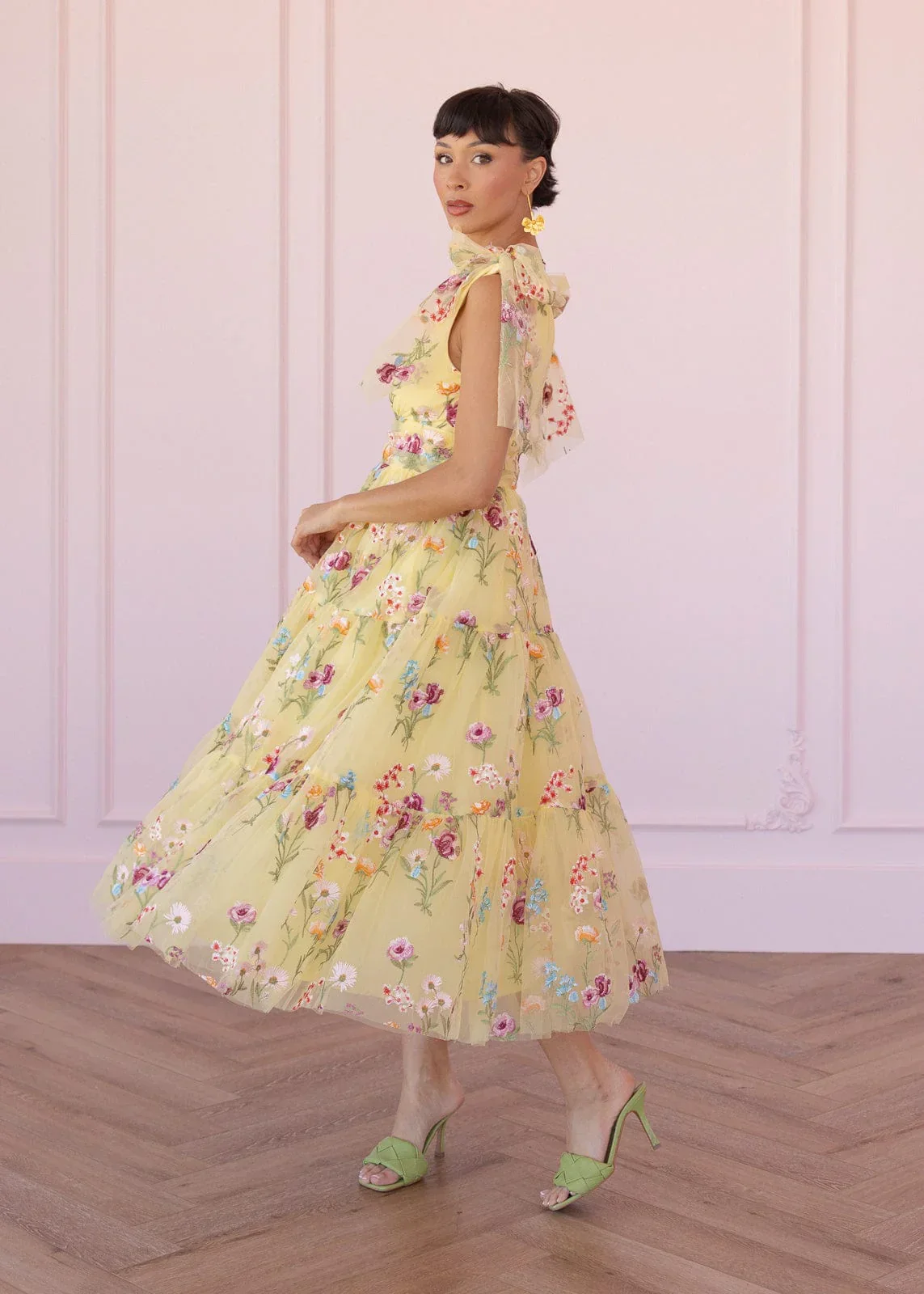 Margaret Floral Embroidered Midi Dress Yellow