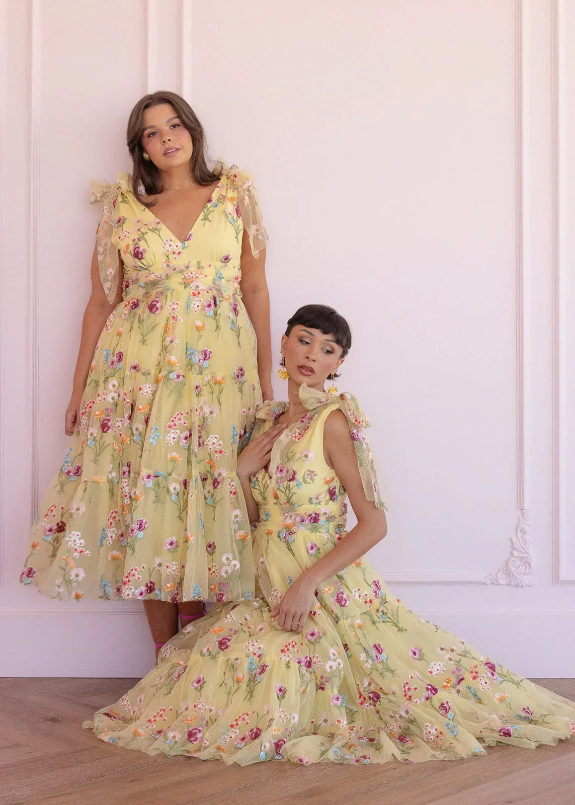 Margaret Floral Embroidered Midi Dress Yellow