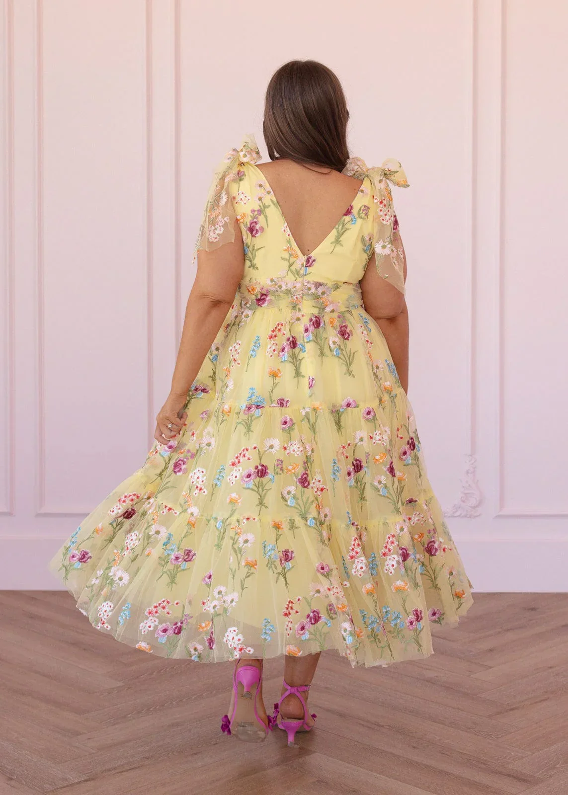 Margaret Floral Embroidered Midi Dress Yellow