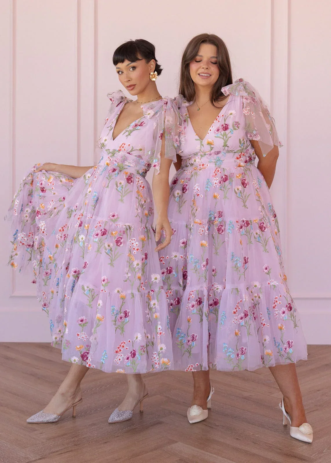 Margaret Floral Embroidered Midi Dress Pink