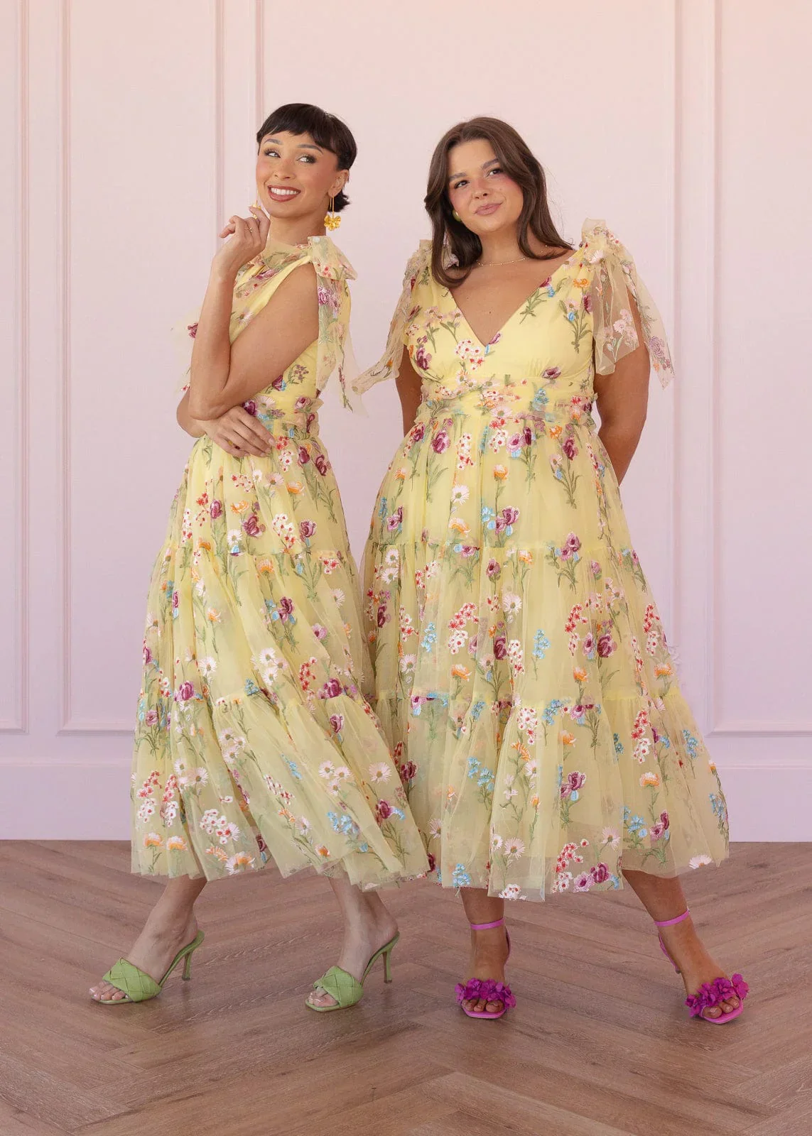 Margaret Floral Embroidered Midi Dress Yellow