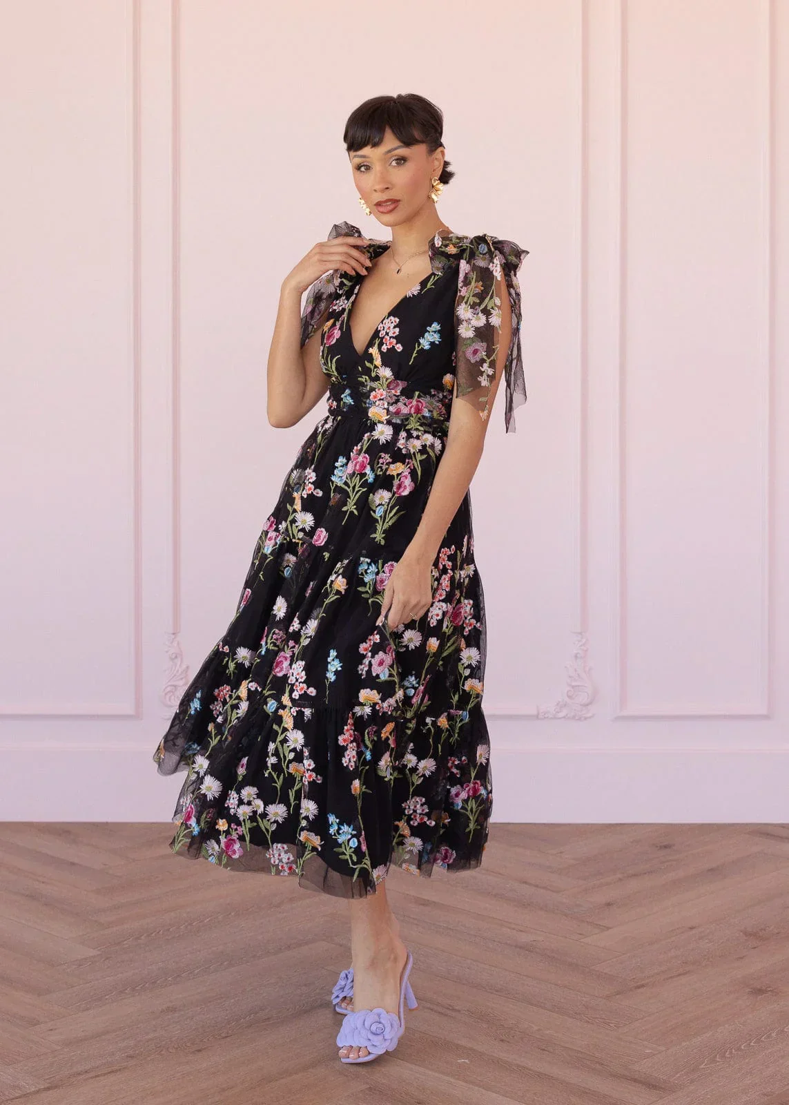 Margaret Floral Embroidered Midi Dress Black