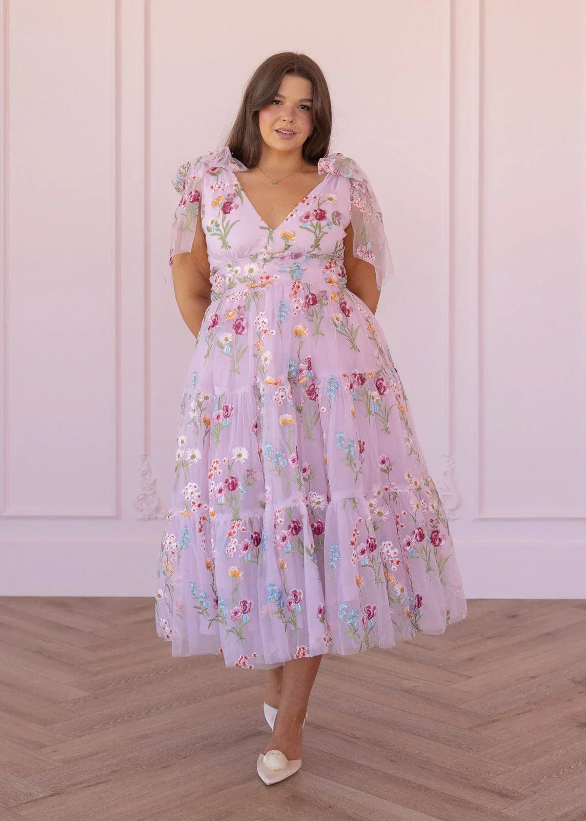 Margaret Floral Embroidered Midi Dress Pink