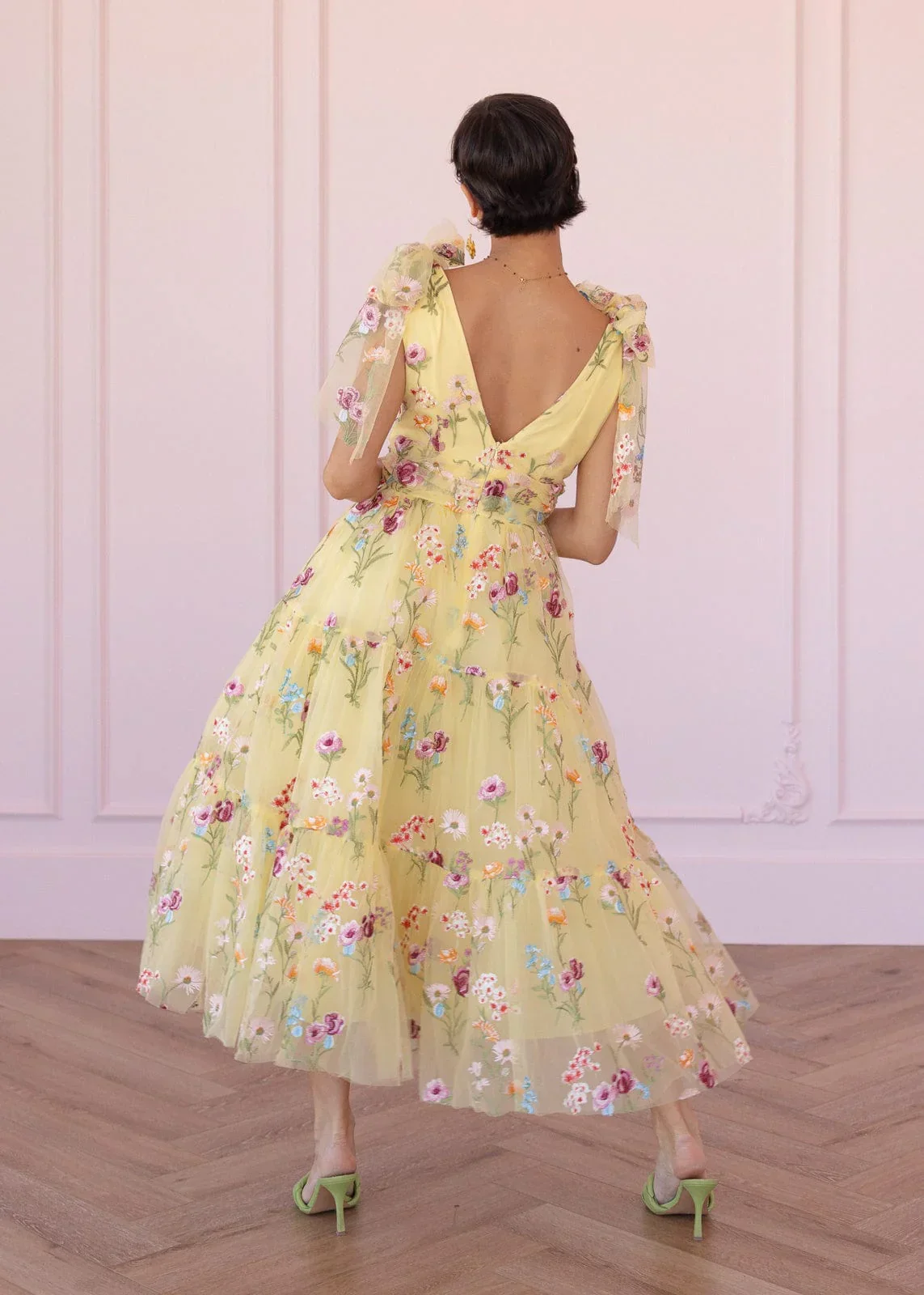 Margaret Floral Embroidered Midi Dress Yellow