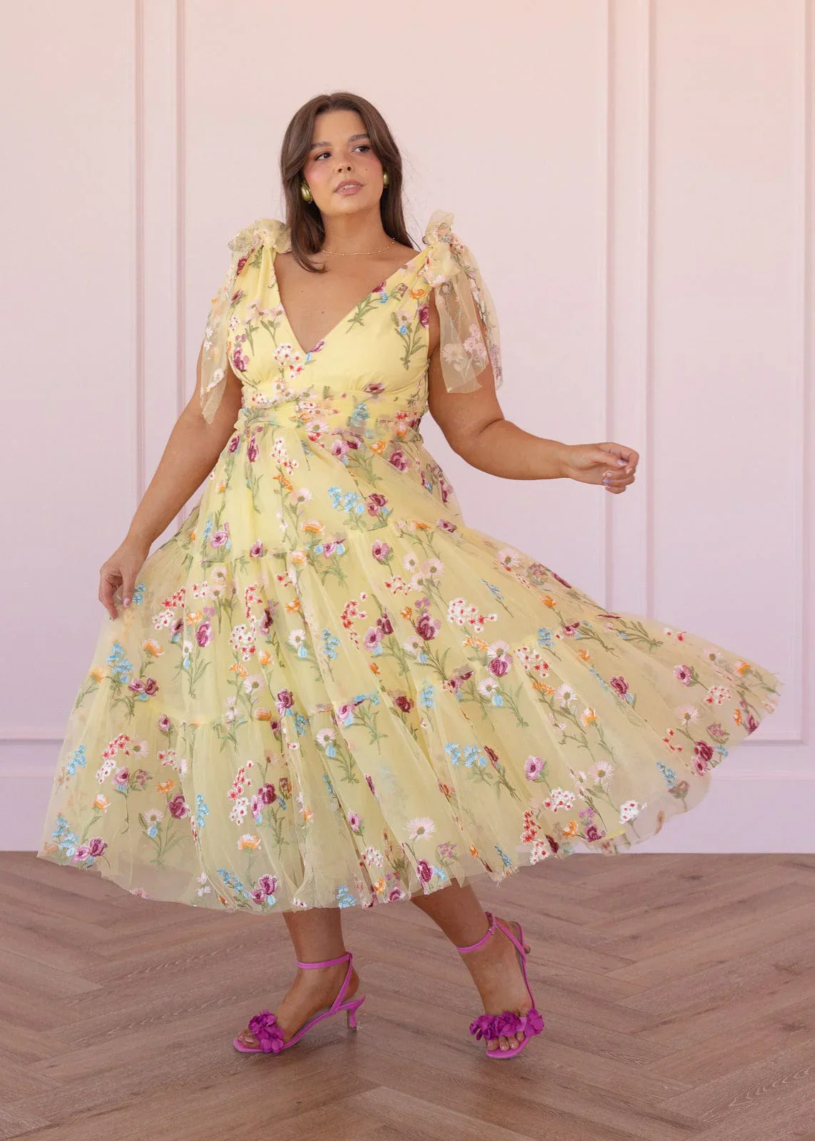 Margaret Floral Embroidered Midi Dress Yellow