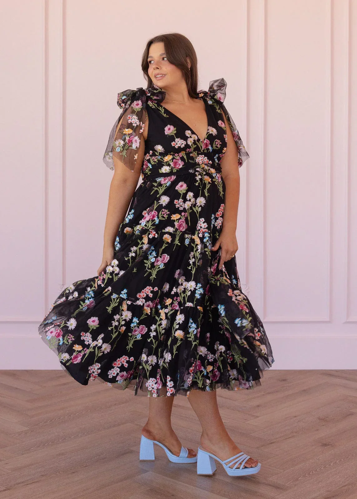 Margaret Floral Embroidered Midi Dress Black
