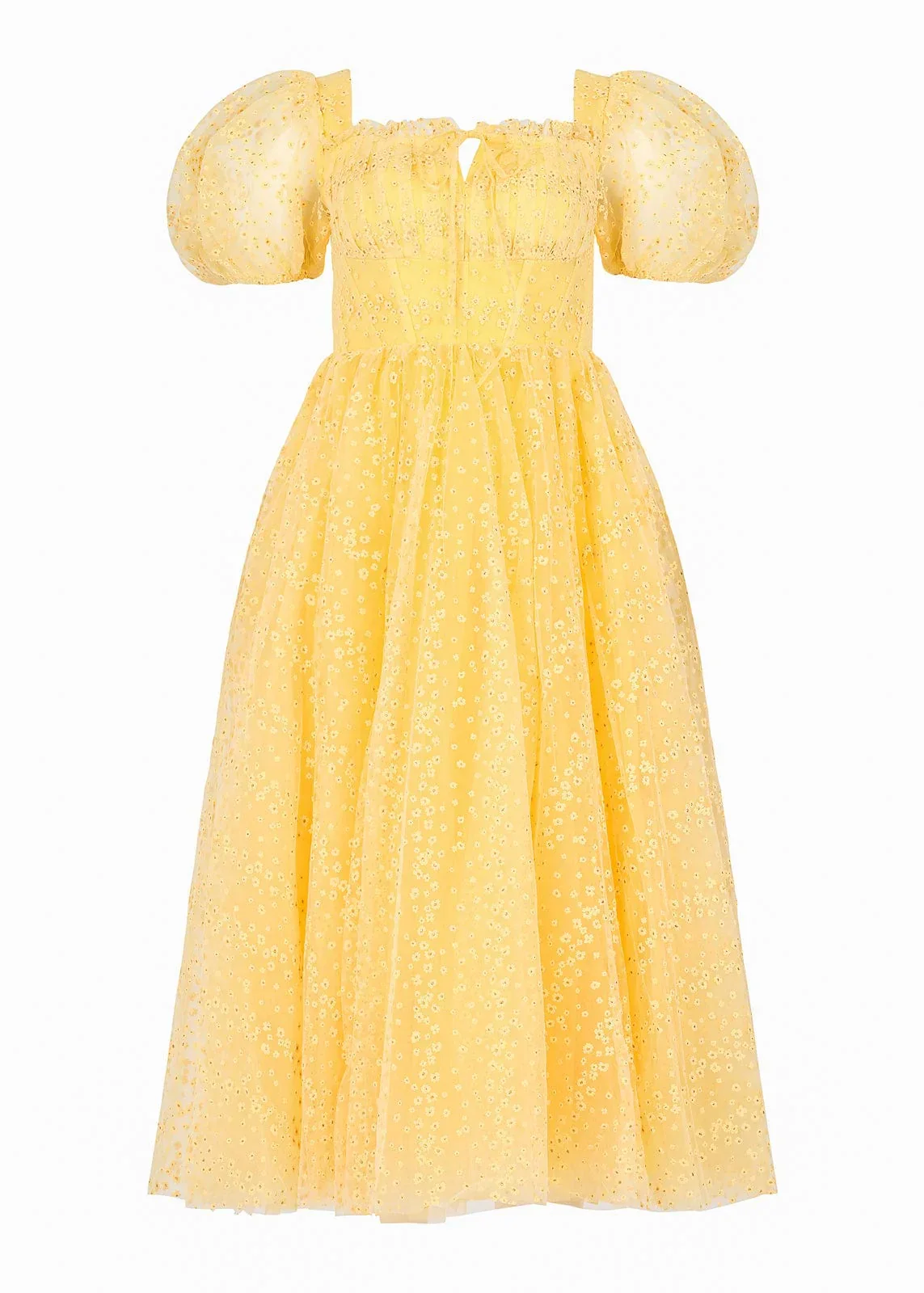 Everbloom Puff Sleeve Midi Dress in Yellow