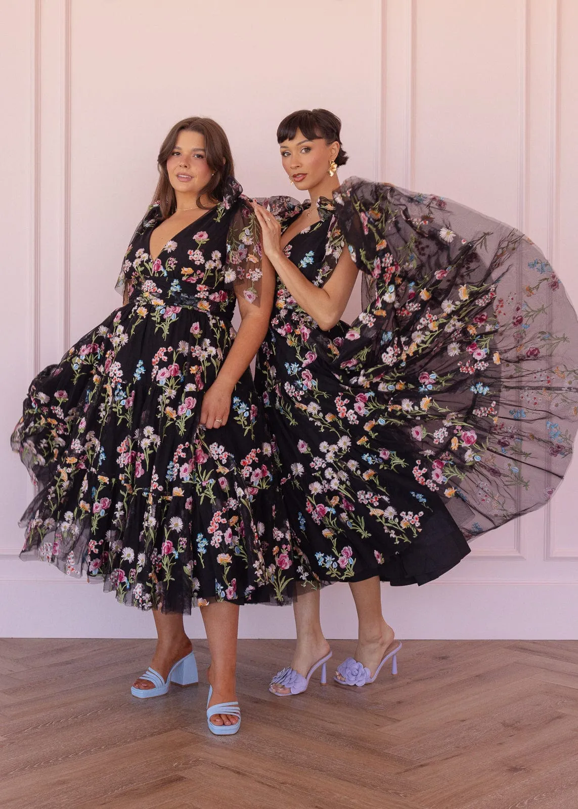 Margaret Floral Embroidered Midi Dress Black