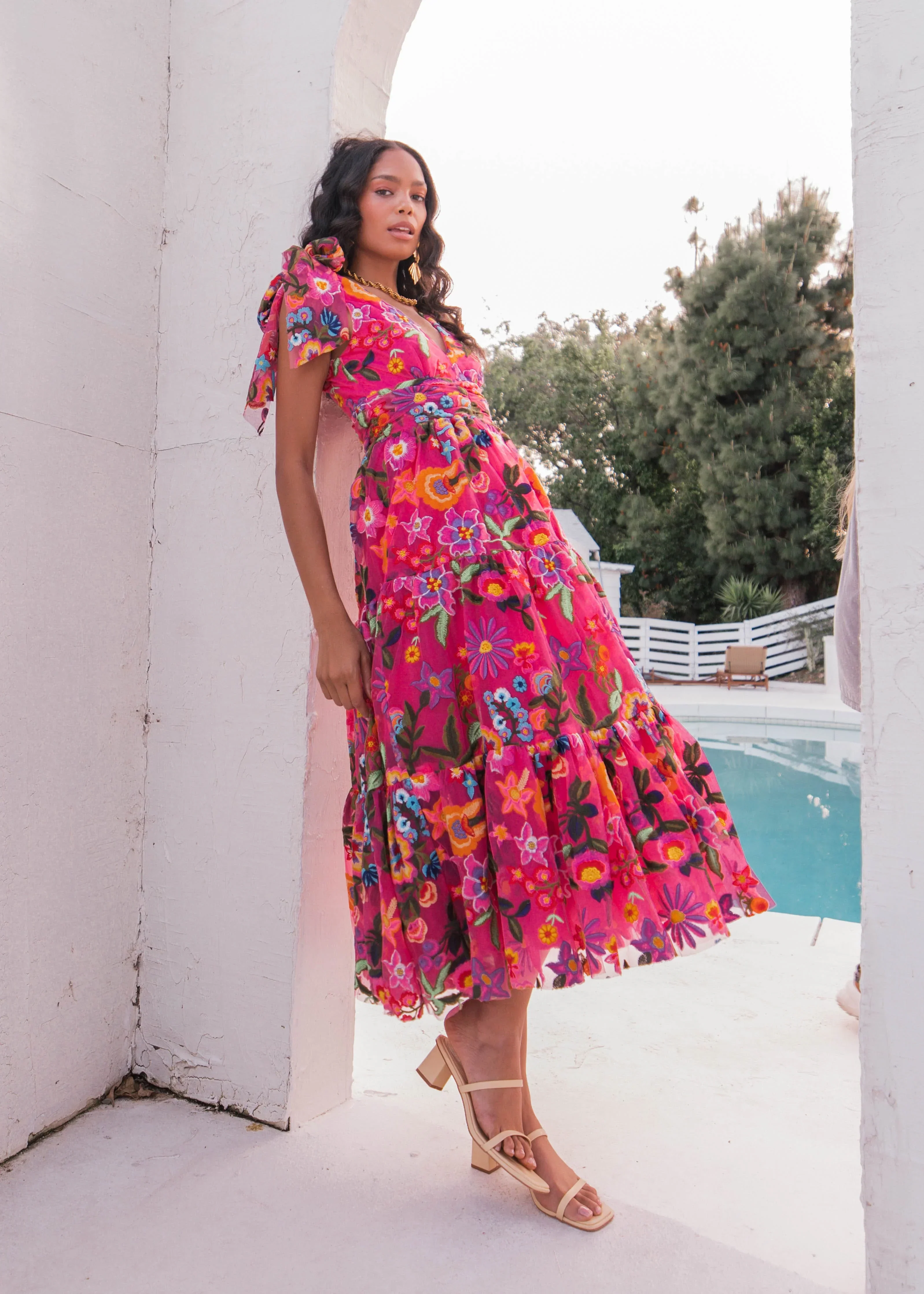 Hibiscus Sleeveless Empire Waist Midi Dress