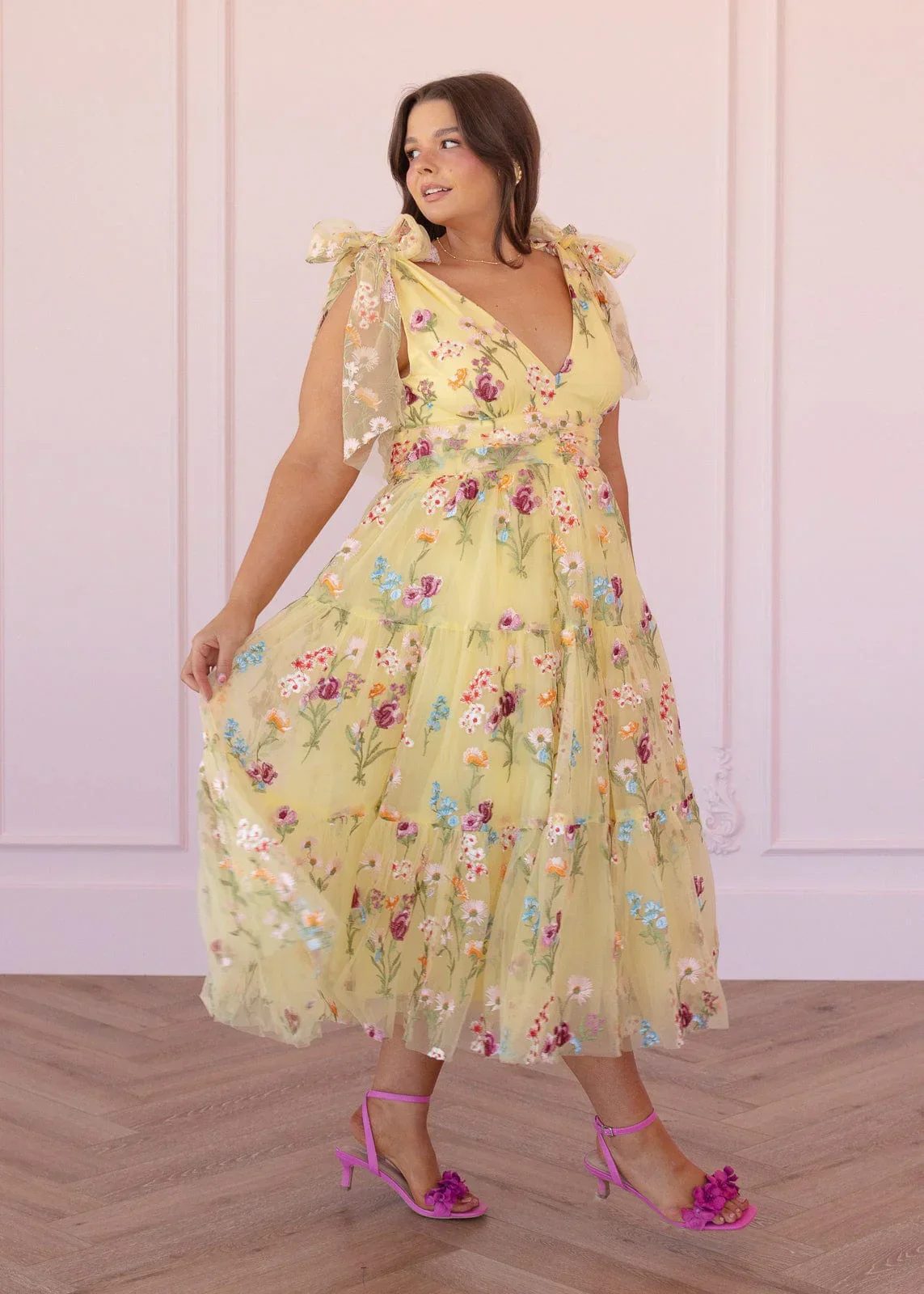 Margaret Floral Embroidered Midi Dress Yellow