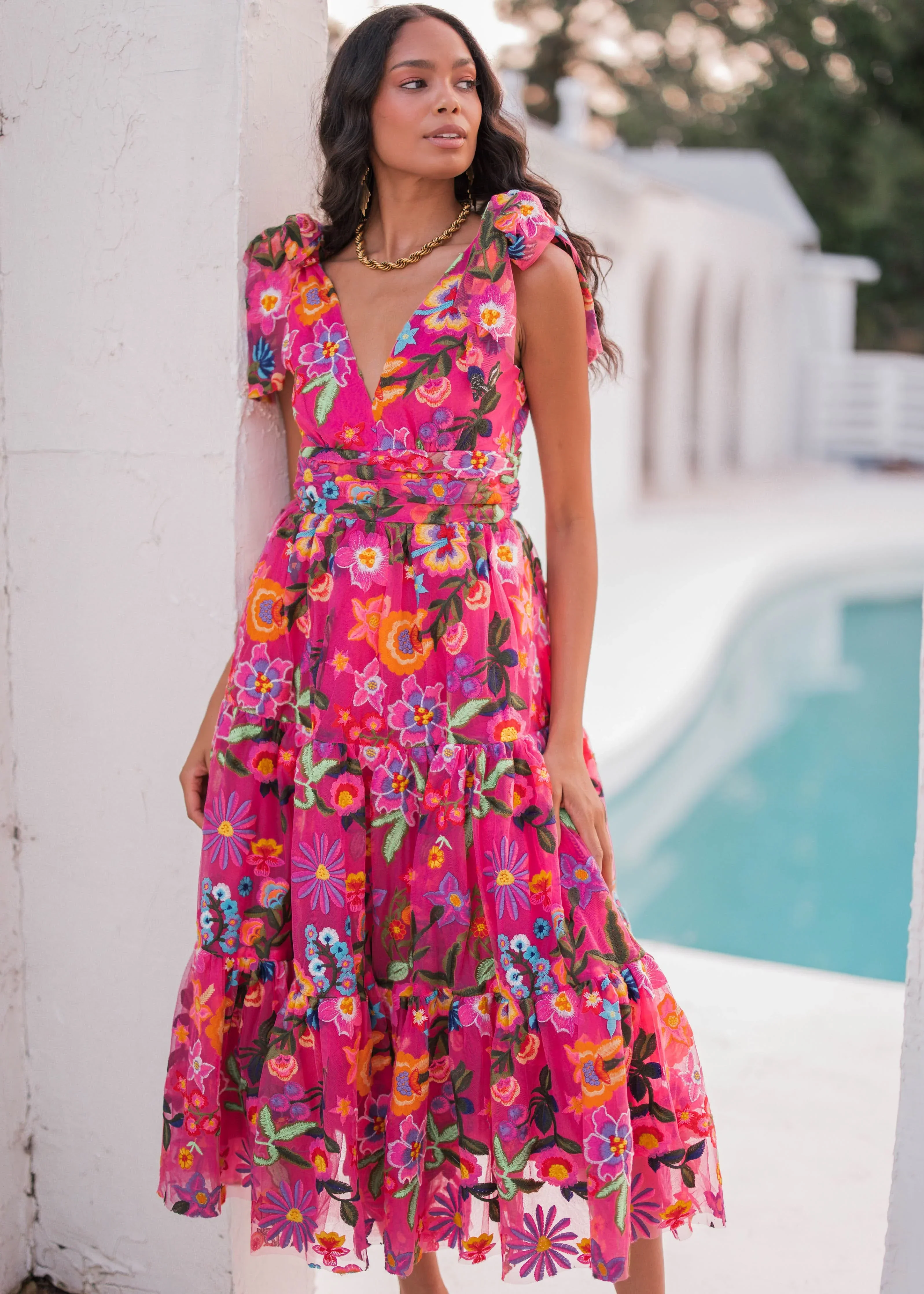 Hibiscus Sleeveless Empire Waist Midi Dress