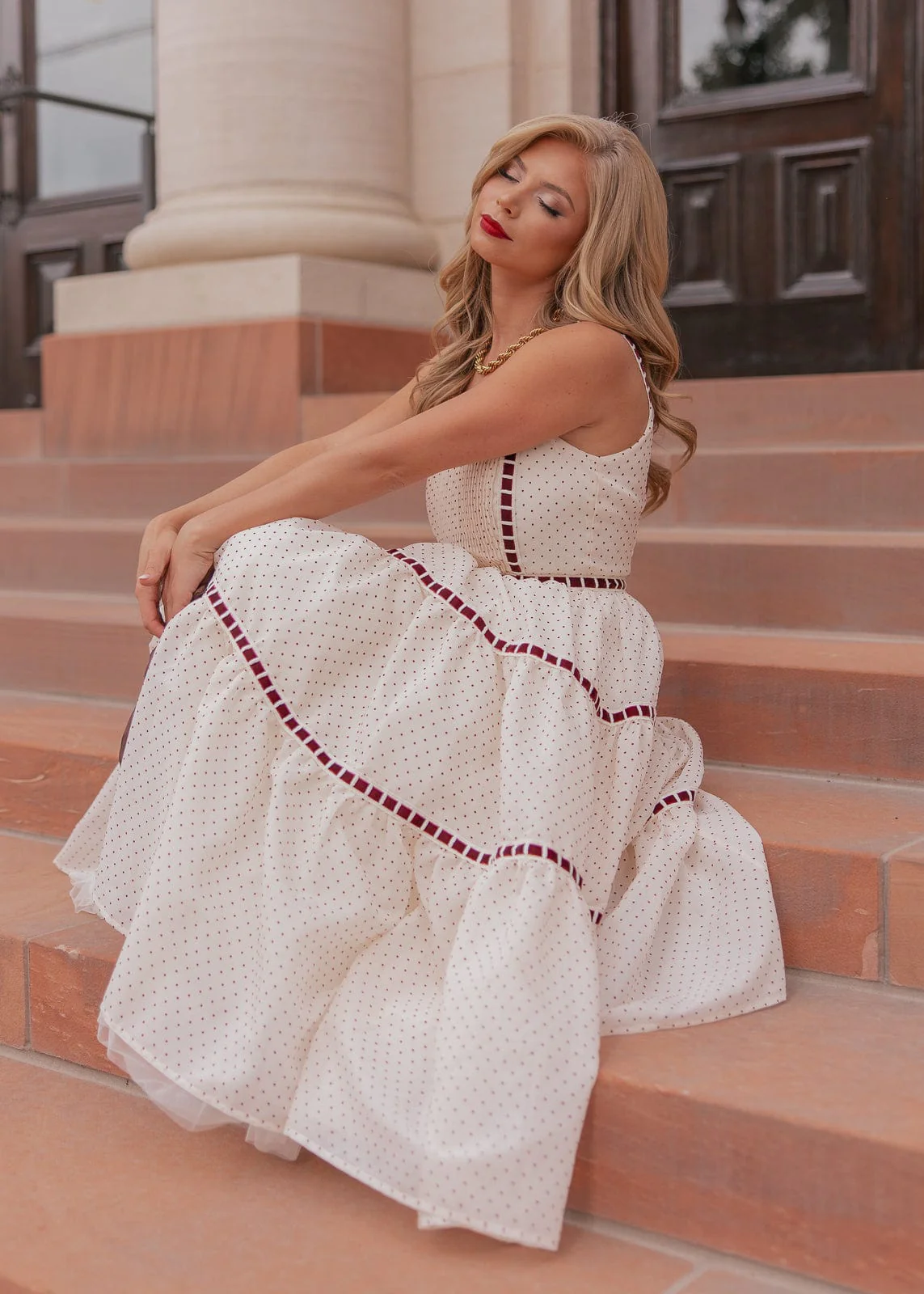 Monroe Midi Polkadot Trim Dress - Cream