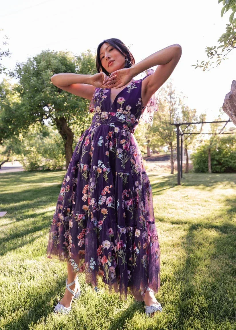 Margaret Floral Midi Dress Purple